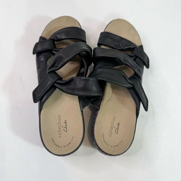 Clarks Collection Sandals Shoes Womens 8.5 Black Leather Slide Hook Loop Wedge - Picture 3 of 9